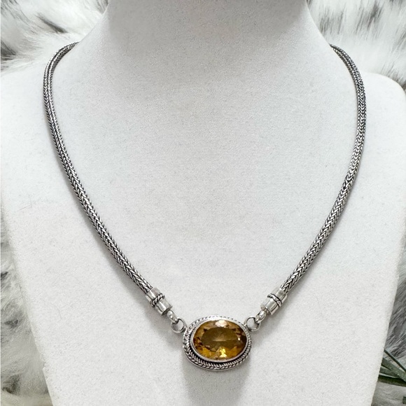 Sterling Silver .925 Wheat Chain Citrine Station Necklace 18.5”